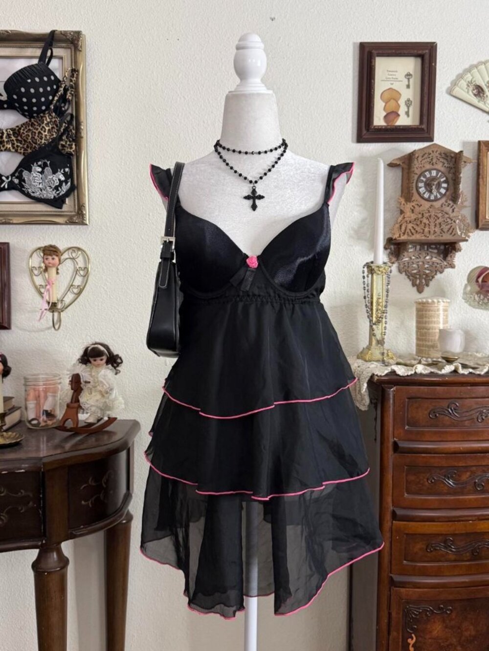 Y2k girly grunge dainty black and pink ruffled babydoll slip dress